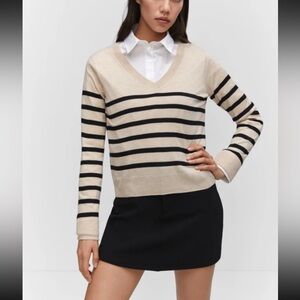 Mango Womens Fine Knit Stripe V-Neck Sweater Beige Black Large